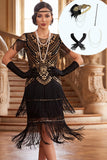 Black Golden Round Neck Sheath Sequins Tiered Fringed Midi 1920s Dress With 4-Piece Accessories Set