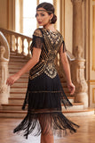 Black Golden Round Neck Sheath Sequins Tiered Fringed Midi 1920s Dress With 4-Piece Accessories Set
