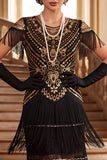 Black Golden Round Neck Sheath Sequins Tiered Fringed Midi 1920s Dress With 4-Piece Accessories Set