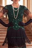 Black Green Round Neck Sequins Tiered Fringed Sheath 1920s Dress With 4-Piece Accessories Set