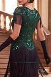 Black Green Round Neck Sequins Tiered Fringed Sheath 1920s Dress With 4-Piece Accessories Set
