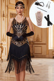 Black Golden V-Neck Sequins Spaghetti Straps Sheath Fringed 1920s Dress With 5-Piece Accessories Set