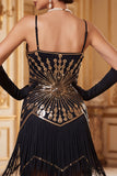 Black Golden V-Neck Sequins Spaghetti Straps Sheath Fringed 1920s Dress With 5-Piece Accessories Set