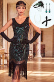 Sparkly Black Green V-Neck Sequins Fringed Bodycon 1920s Dress With 4-Piece Accessories Set