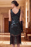 Sparkly Black Green V-Neck Sequins Fringed Bodycon 1920s Dress With 4-Piece Accessories Set