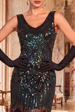 Sparkly Black Green V-Neck Sequins Fringed Bodycon 1920s Dress With 4-Piece Accessories Set