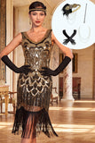 Black Golden V-Neck Sequins Bodycon Fringed 1920s Dress With 4-Piece Accessories Set
