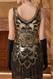 Black Golden V-Neck Sequins Bodycon Fringed 1920s Dress With 4-Piece Accessories Set