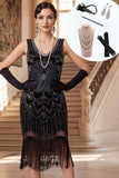 Black Beaded Bodycon V-Neck Fringed 1920s Dress With 5-Piece Accessories Set
