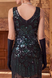 Black Beaded Bodycon V-Neck Fringed 1920s Dress With 5-Piece Accessories Set
