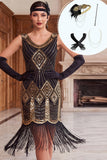 Sparkly Black Golden Sequins Fringed Bodycon Midi Roaring 1920s Dress With 5-Piece Accessories Set