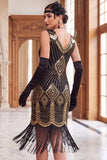 Sparkly Black Golden Sequins Fringed Bodycon Midi Roaring 1920s Dress With 5-Piece Accessories Set