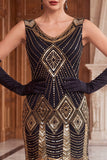 Sparkly Black Golden Sequins Fringed Bodycon Midi Roaring 1920s Dress With 5-Piece Accessories Set