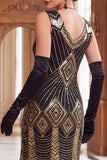 Sparkly Black Golden Sequins Fringed Bodycon Midi Roaring 1920s Dress With 5-Piece Accessories Set