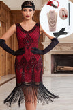 Sparkly Black Red Sequins Bodycon Fringed Midi Roaring 1920s Dress With 5-Piece Accessories Set