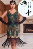 Green Golden Sequins Fringed V-Neck Bodycon Midi Roaring 1920s Dress With 4-Piece Accessories Set