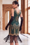 Green Golden Sequins Fringed V-Neck Bodycon Midi Roaring 1920s Dress With 4-Piece Accessories Set
