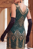 Green Golden Sequins Fringed V-Neck Bodycon Midi Roaring 1920s Dress With 4-Piece Accessories Set
