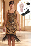 Sparkly Black Golden Bodycon Sequins Fringed Roaring 1920s Dress With 5-Piece Accessories Set