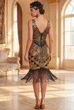 Sparkly Black Golden Bodycon Sequins Fringed Roaring 1920s Dress With 5-Piece Accessories Set