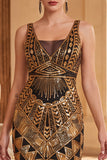 Sparkly Black Golden Bodycon Sequins Fringed Roaring 1920s Dress With 5-Piece Accessories Set