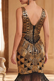 Sparkly Black Golden Bodycon Sequins Fringed Roaring 1920s Dress With 5-Piece Accessories Set