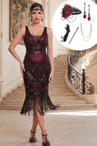 Sparkly Black Red Sequins Bodycon Fringed Roaring 1920s Dress With 5-Piece Accessories Set