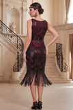 Sparkly Black Red Sequins Bodycon Fringed Roaring 1920s Dress With 5-Piece Accessories Set
