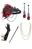 Sparkly Black Red Sequins Bodycon Fringed Roaring 1920s Dress With 5-Piece Accessories Set