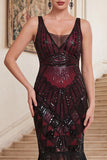 Sparkly Black Red Sequins Bodycon Fringed Roaring 1920s Dress With 5-Piece Accessories Set