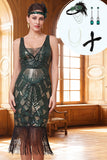 Dark Green Sequins Bodycon V-Neck Tulle Fringed Roaring 1920s Dress With 4-Piece Accessories Set