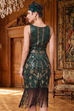 Dark Green Sequins Bodycon V-Neck Tulle Fringed Roaring 1920s Dress With 4-Piece Accessories Set