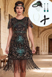 Sparkly Black Green Sequins Floral Bodycon Fringed Roaring 1920s Dress With 4-Piece Accessories Set