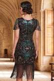Sparkly Black Green Sequins Floral Bodycon Fringed Roaring 1920s Dress With 4-Piece Accessories Set