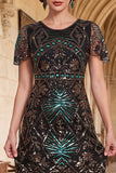 Sparkly Black Green Sequins Floral Bodycon Fringed Roaring 1920s Dress With 4-Piece Accessories Set