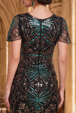 Sparkly Black Green Sequins Floral Bodycon Fringed Roaring 1920s Dress With 4-Piece Accessories Set