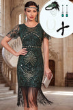 Bodycon Dark Green Sequins Round Neck Fringed Roaring 1920s Dress With 4-Piece Accessories Set