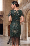 Bodycon Dark Green Sequins Round Neck Fringed Roaring 1920s Dress With 4-Piece Accessories Set