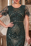 Bodycon Dark Green Sequins Round Neck Fringed Roaring 1920s Dress With 4-Piece Accessories Set