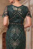 Bodycon Dark Green Sequins Round Neck Fringed Roaring 1920s Dress With 4-Piece Accessories Set