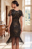Sparkly Black Golden Bodycon Sequins Fringed Roaring 1920s Dress With 5-Piece Accessories Set