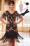 Sparkly Black Golden Fringed Sequins Floral Bodycon Roaring 1920s Dress With 5-Piece Accessories Set
