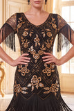 Sparkly Black Golden Fringed Sequins Floral Bodycon Roaring 1920s Dress With 5-Piece Accessories Set
