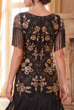 Sparkly Black Golden Fringed Sequins Floral Bodycon Roaring 1920s Dress With 5-Piece Accessories Set