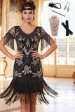 Black Silver Beaded Sequins Fringed Bodycon Roaring 1920s Dress With 4-Piece Accessories Set