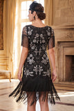 Black Silver Beaded Sequins Fringed Bodycon Roaring 1920s Dress With 4-Piece Accessories Set