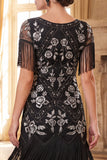 Black Silver Beaded Sequins Fringed Bodycon Roaring 1920s Dress With 4-Piece Accessories Set