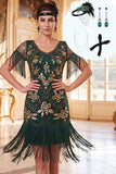 Green Golden V-Necck Sequins Fringed Bodycon Roaring 1920s Dress With 4-Piece Accessories Set