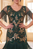 Green Golden V-Necck Sequins Fringed Bodycon Roaring 1920s Dress With 4-Piece Accessories Set