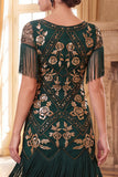 Green Golden V-Necck Sequins Fringed Bodycon Roaring 1920s Dress With 4-Piece Accessories Set